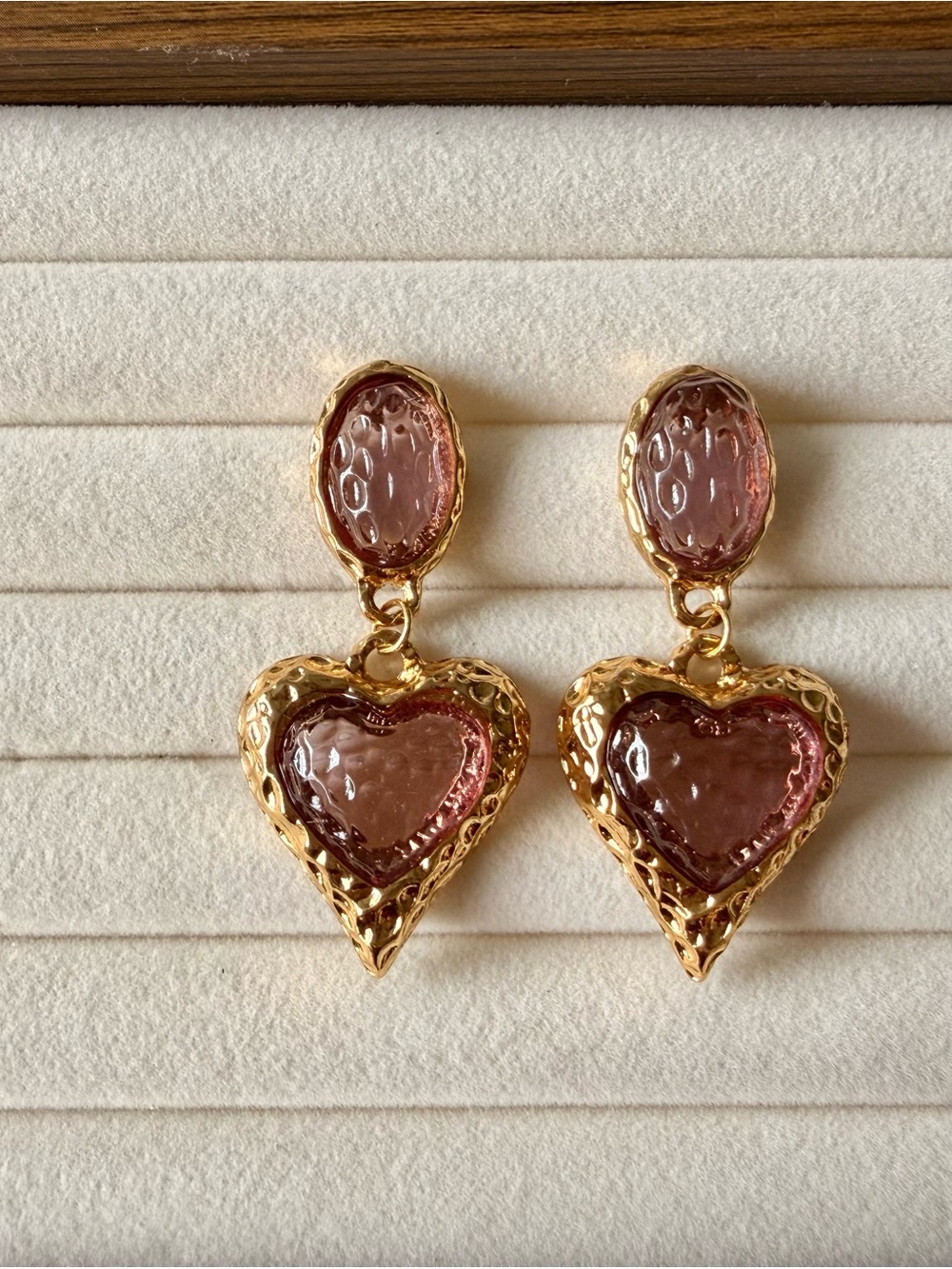 Elaborate Vintage-Style Gold-Plated Brass Earrings with Hammered Glass